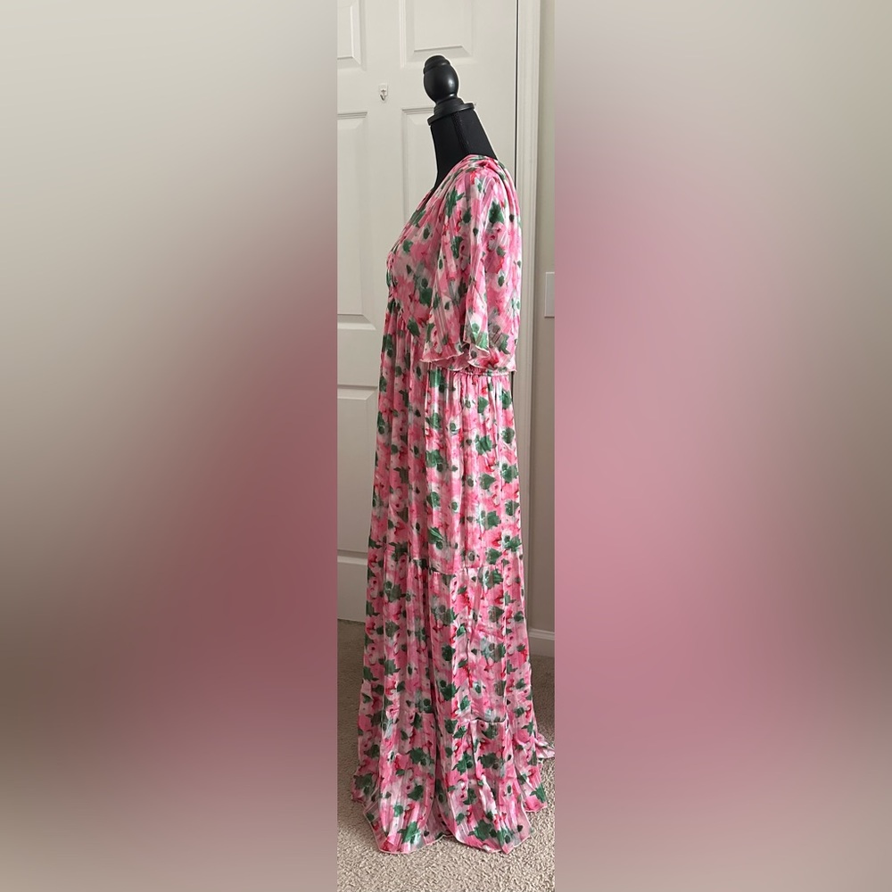 Pink and Green Maxi Dress with Flutter Sleeves and V-Neck - Picture 3 of 5